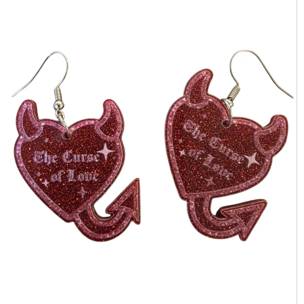 👋 Red Glitter Devil Heart Dangle Earrings | Graffic | Mix And Match 3/$20